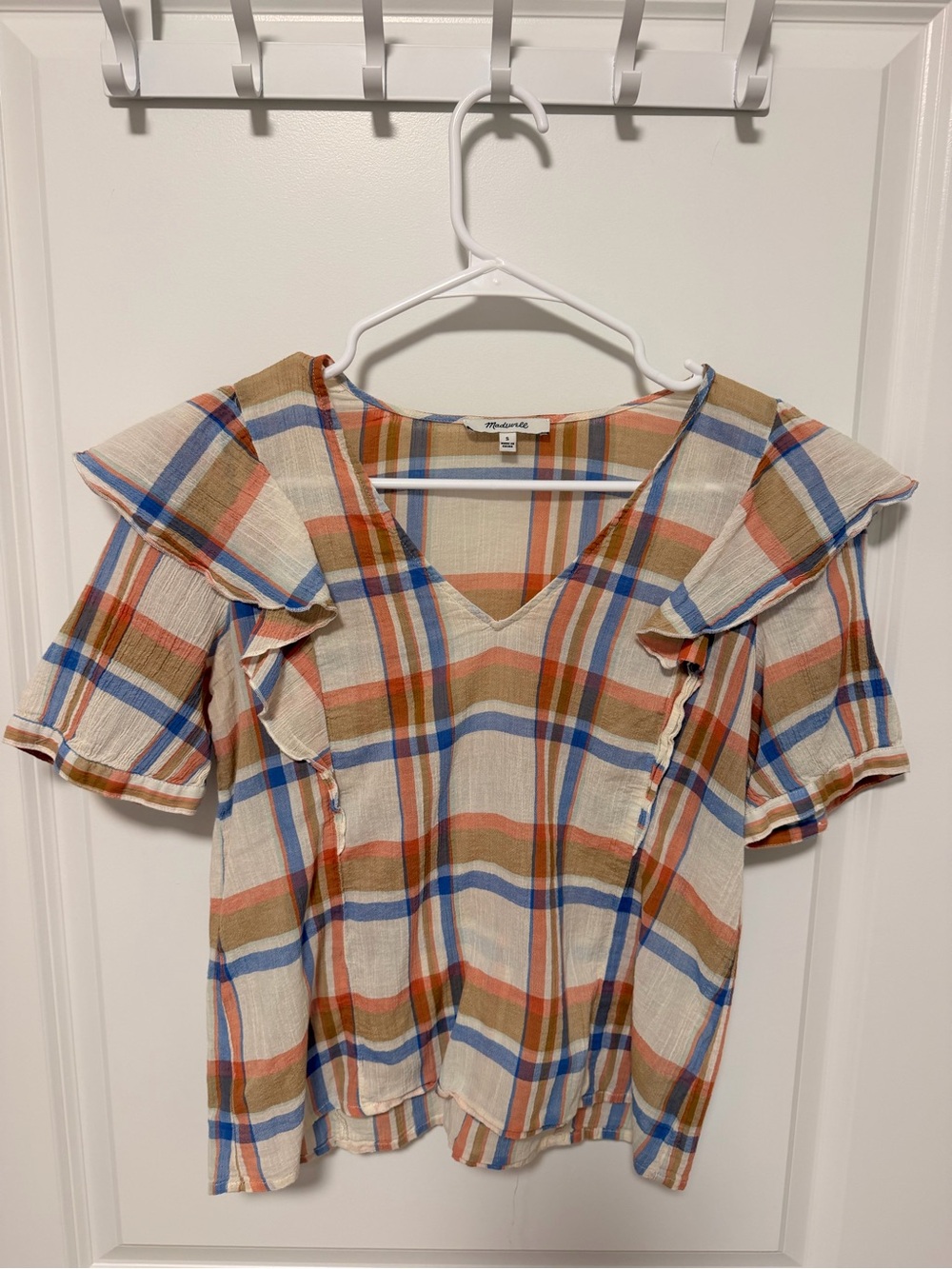 Madewell Cream Plaid V-Neck Ruffle Sleeve Top with Blue and Orange Stripes